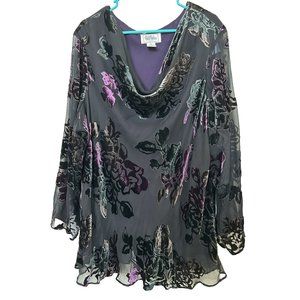 Bob Mackie Black Velvet Women’s Floral Silk Cowl Neck Purple Blouse Top Sz 4X